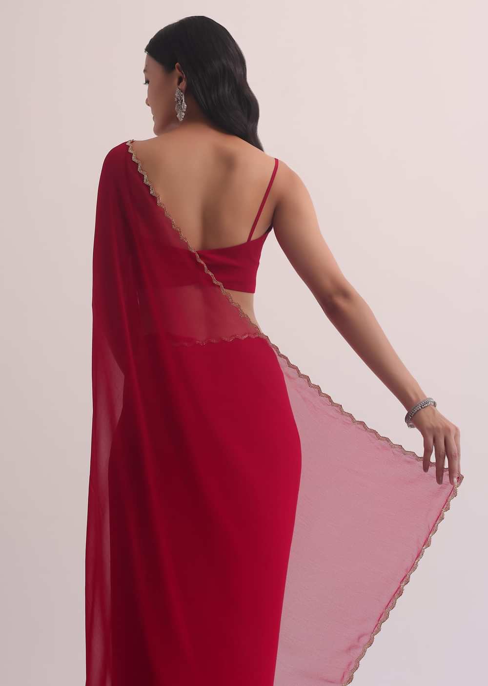 Red Georgette Saree With Cutdana Embroidery