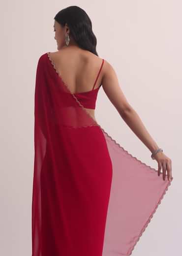 Red Georgette Saree With Cutdana Embroidery