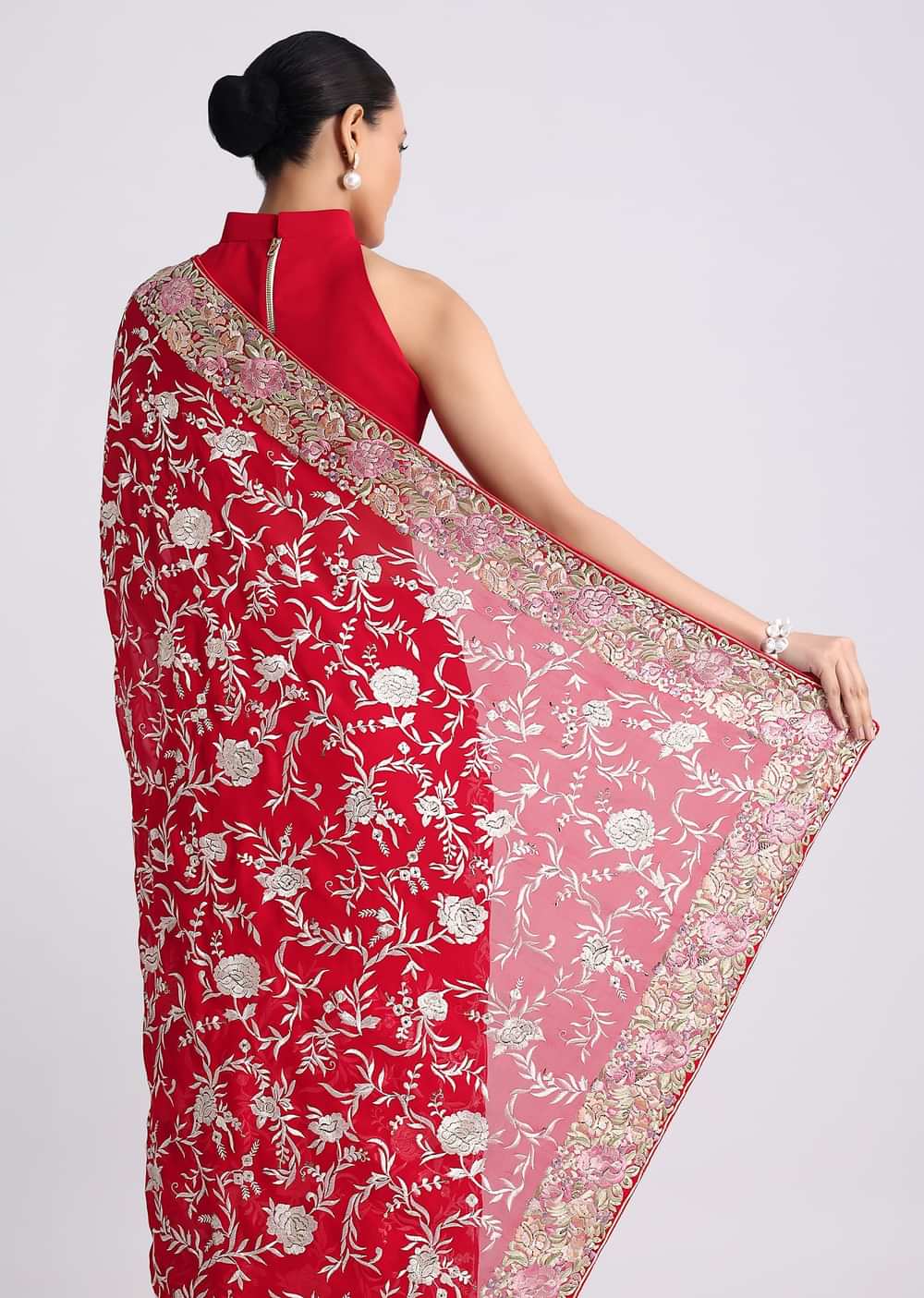 Red Georgette Saree with Parsi Gara Work