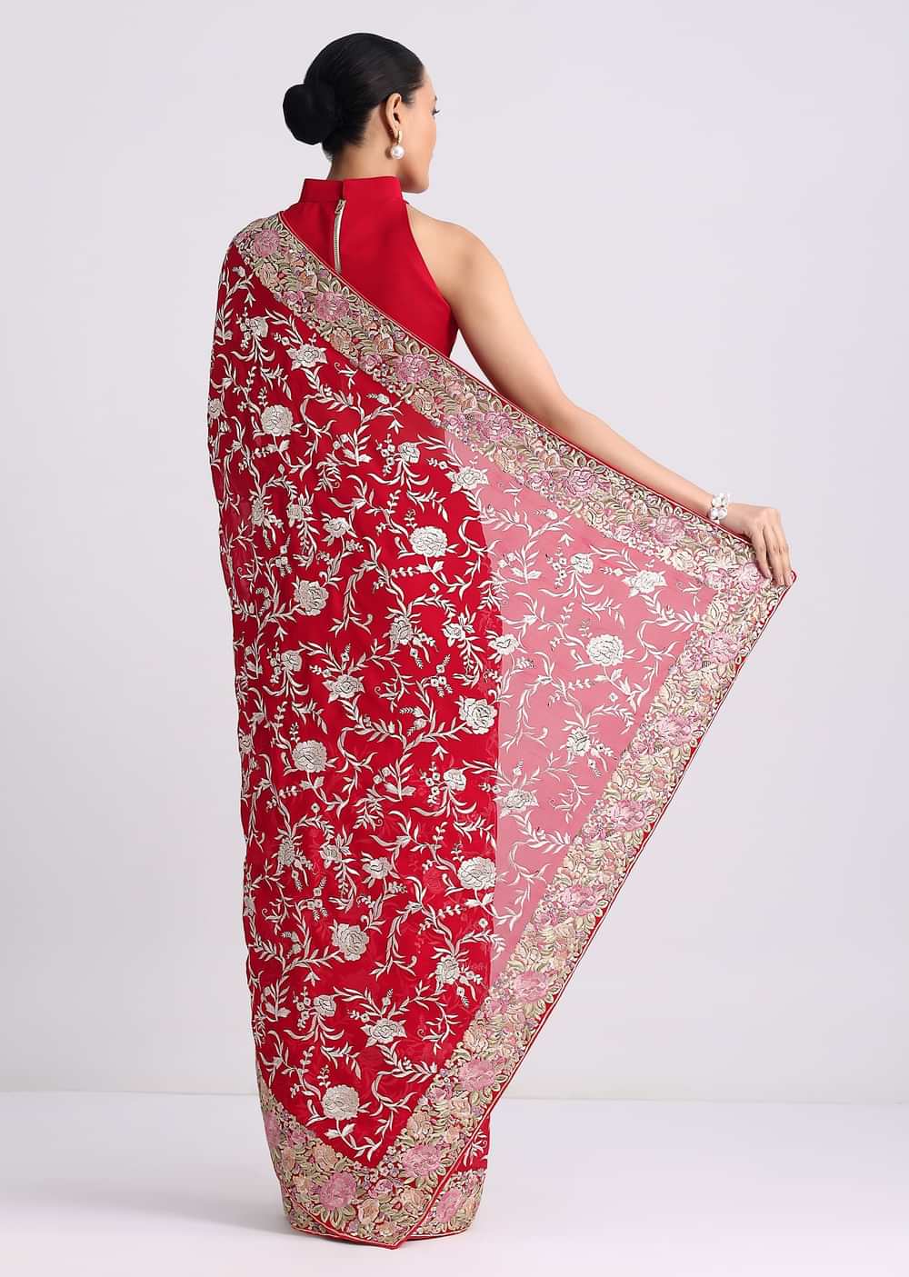 Red Georgette Saree with Parsi Gara Work