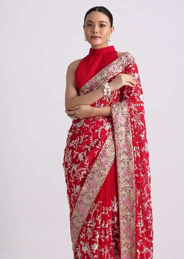Red Georgette Saree with Parsi Gara Work