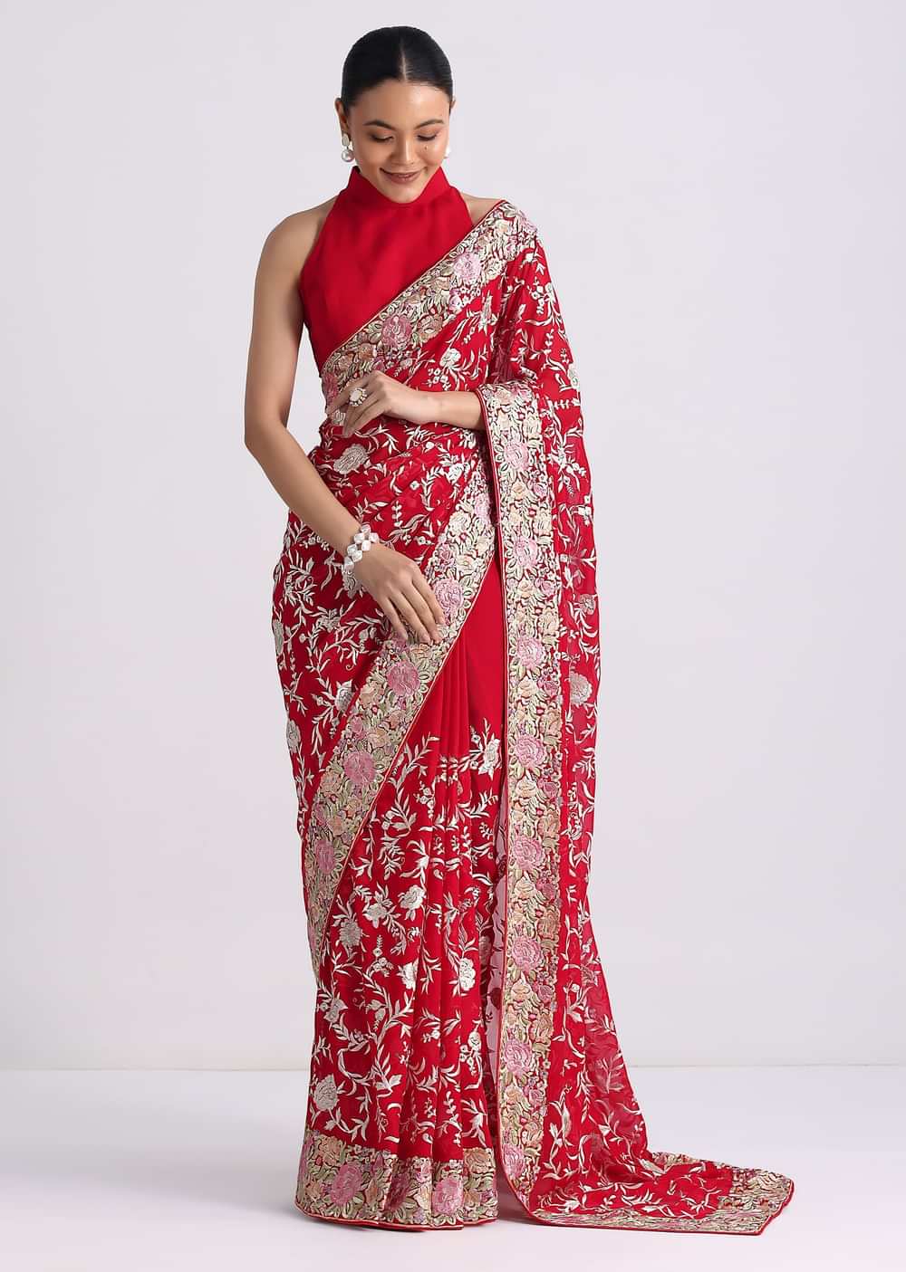 Red Georgette Saree with Parsi Gara Work
