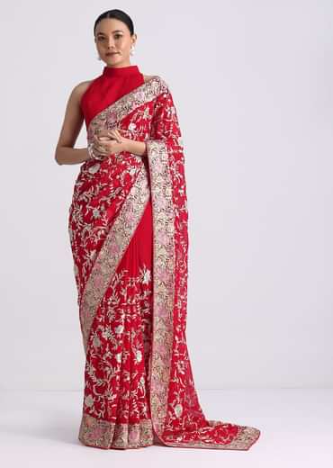 Red Georgette Saree with Parsi Gara Work
