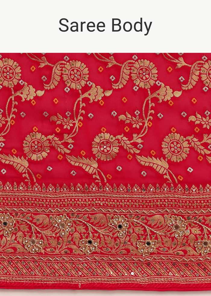 Red Georgette Woven Saree With Bandhani Jaal Work
