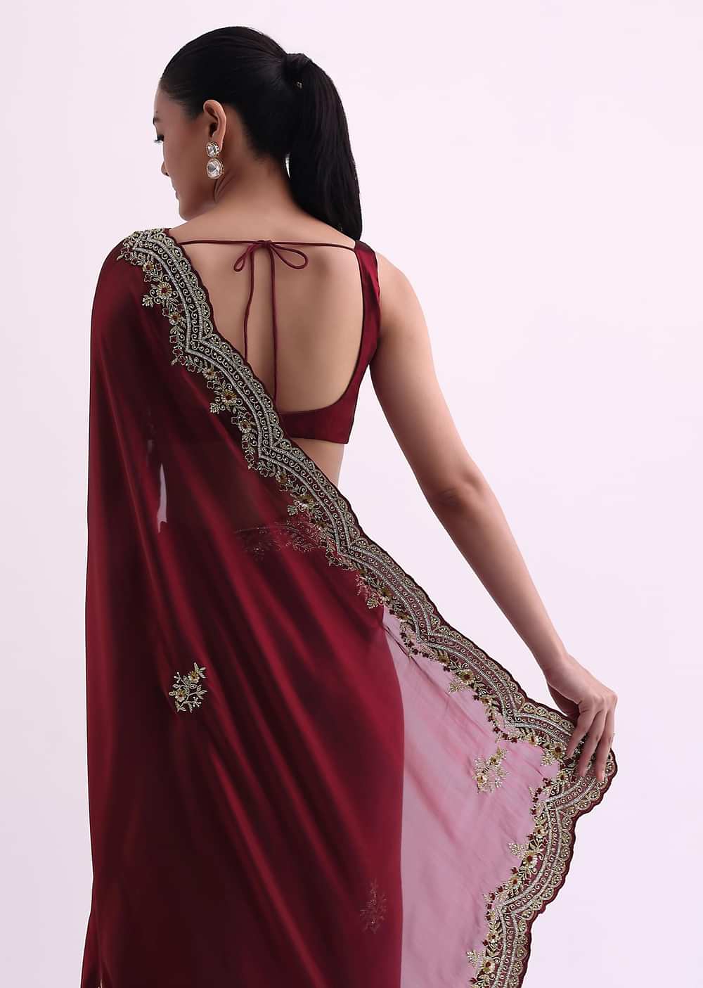 Red Glass Tissue Saree With Sequin Scallop Border And Unstitched Blouse Fabric