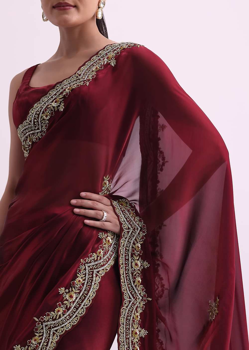 Red Glass Tissue Saree With Sequin Scallop Border And Unstitched Blouse Fabric