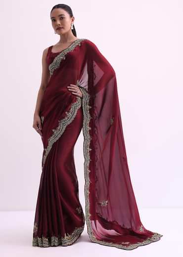 Red Glass Tissue Saree With Sequin Scallop Border And Unstitched Blouse Fabric
