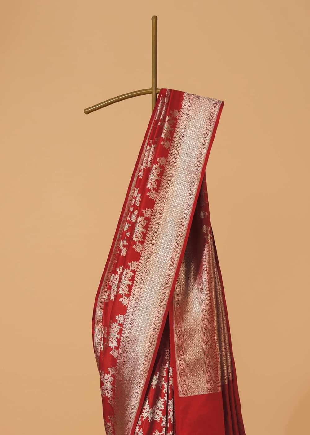 Red Handloom Banarasi In Katan Silk With Golden Weave And Unstitched Blouse