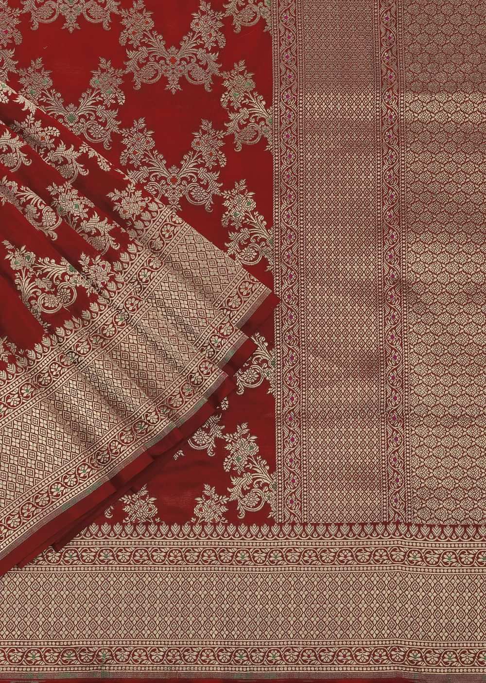 Red Handloom Banarasi In Katan Silk With Golden Weave And Unstitched Blouse