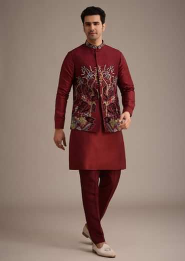 Red Jacket And Kurta Set In Silk With Resham Work