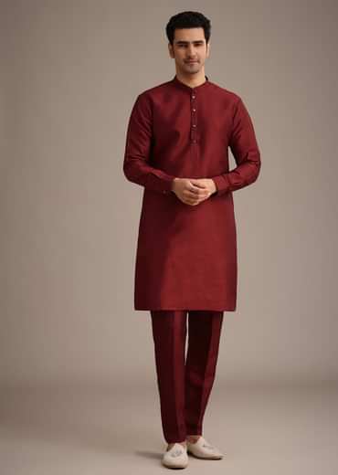 Red Jacket And Kurta Set In Silk With Resham Work
