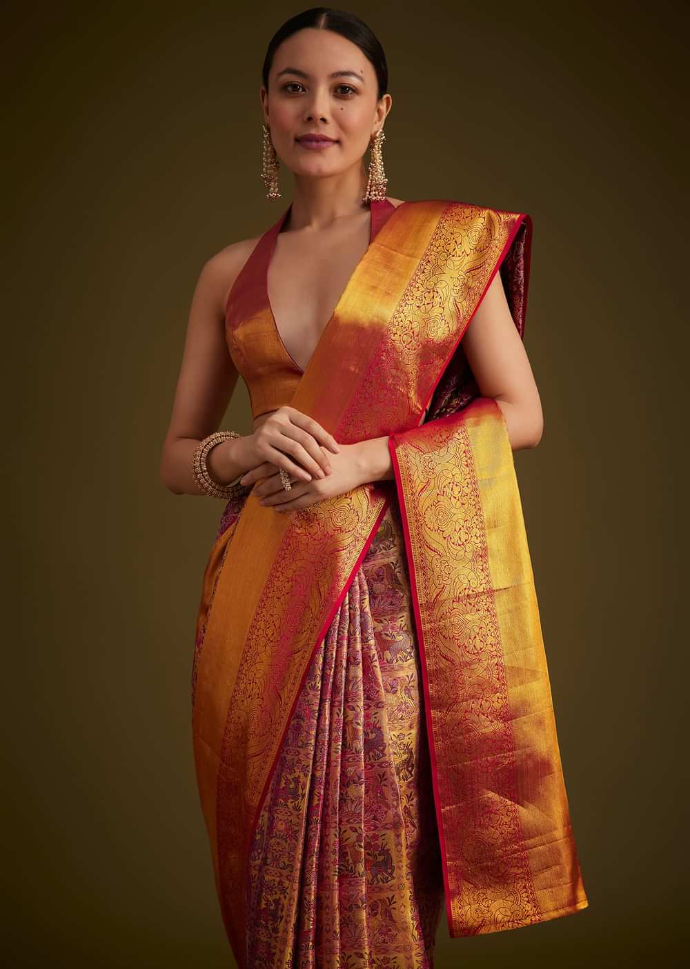 Red Kanjivaram Silk Saree With Golden Zari Border