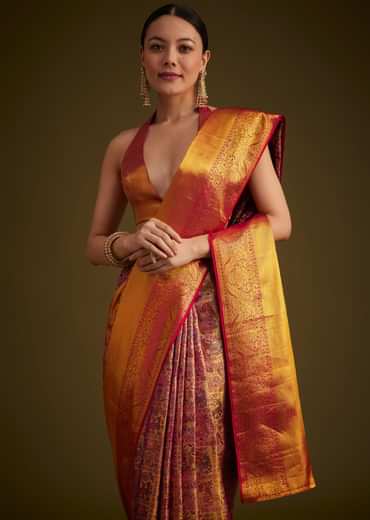 Red Kanjivaram Silk Saree With Golden Zari Border