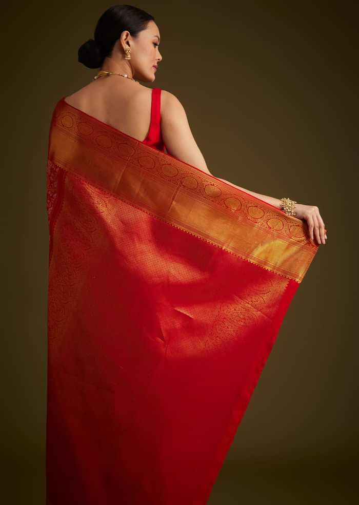 Red Kanjivaram Silk Saree With Golden Zari Detailing