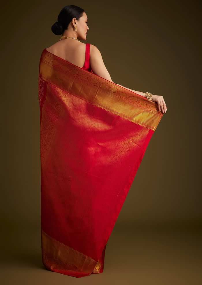 Red Kanjivaram Silk Saree With Golden Zari Detailing