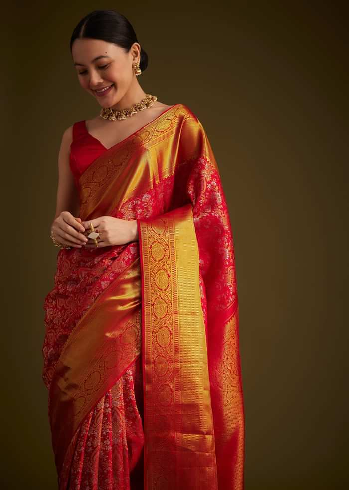 Red Kanjivaram Silk Saree With Golden Zari Detailing