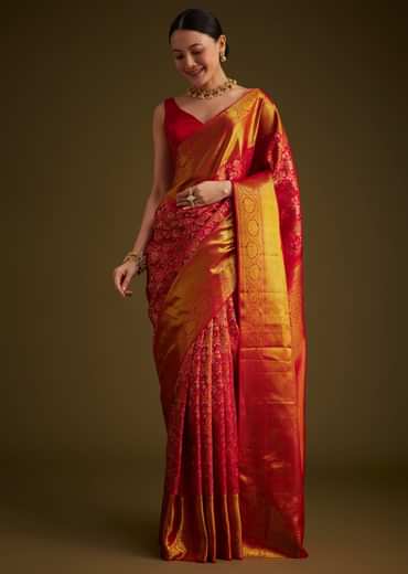 Red Kanjivaram Silk Saree With Golden Zari Detailing