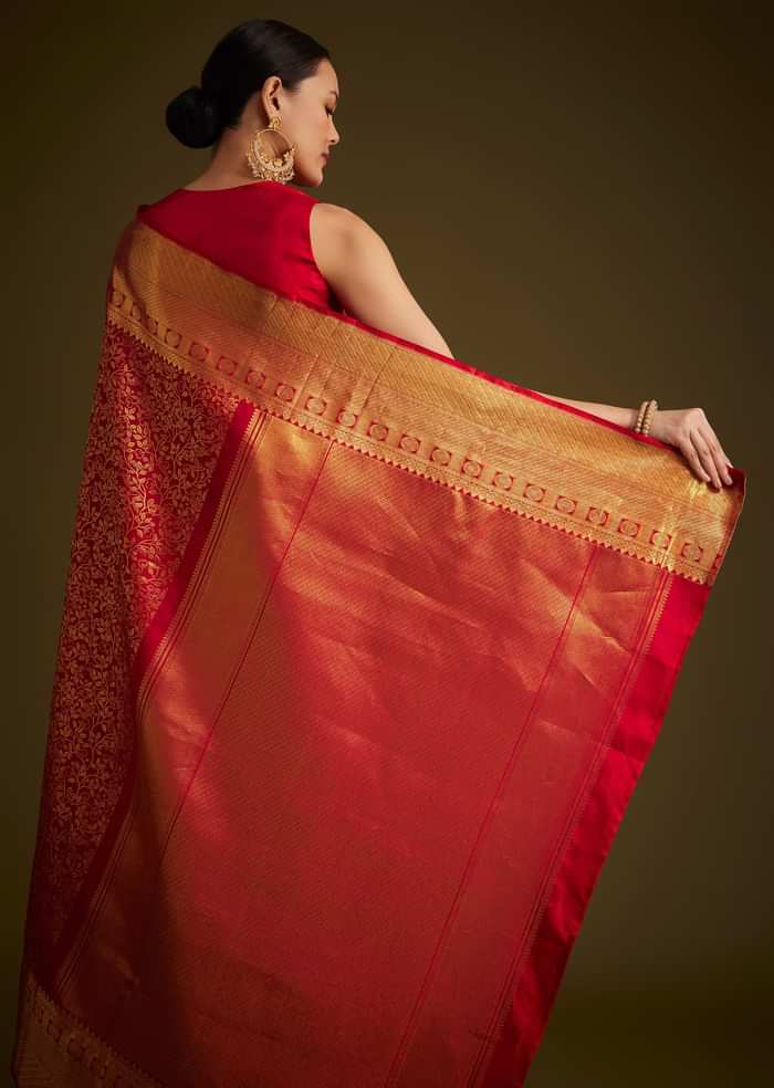 Red Kanjivaram Silk Saree With Golden Zari Woven Border