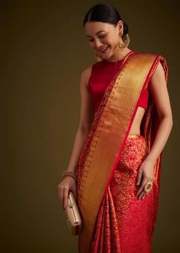 Red Kanjivaram Silk Saree With Golden Zari Woven Border