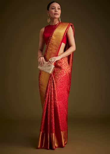 Red Kanjivaram Silk Saree With Golden Zari Woven Border