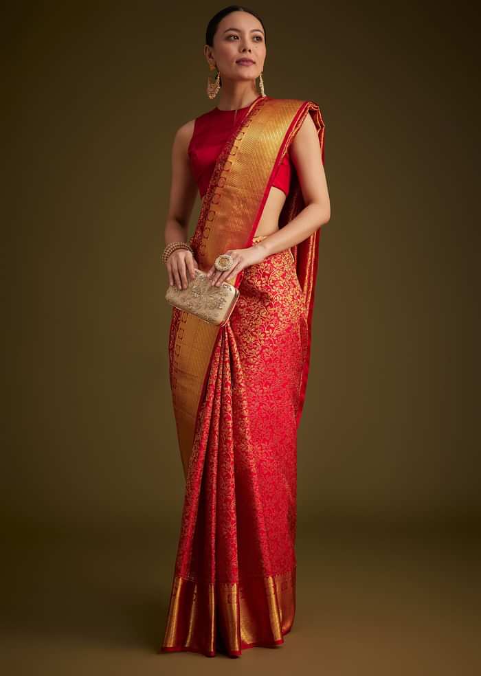 Red Kanjivaram Silk Saree With Golden Zari Woven Border