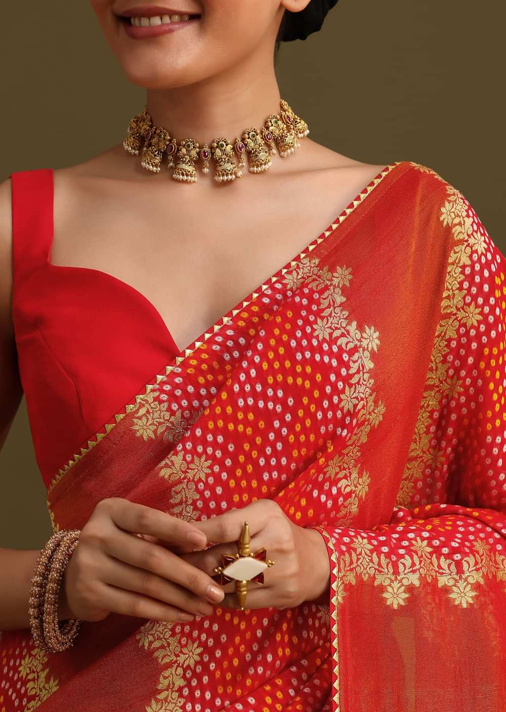 Red Khaddi Georgette Saree With Gotta Patti Border And Unstitched Blouse