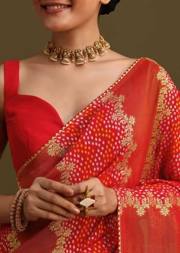 Red Khaddi Georgette Saree With Gotta Patti Border And Unstitched Blouse