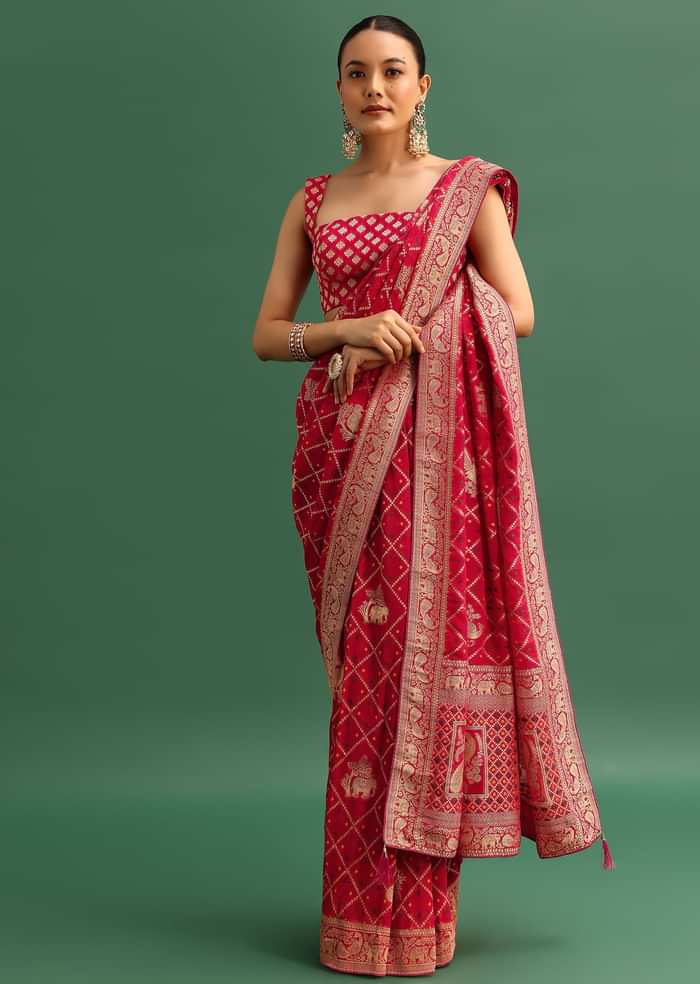 Coral Khaddi Georgette Saree With Zari Jaal Bandhani Weave And Unstitched Blouse