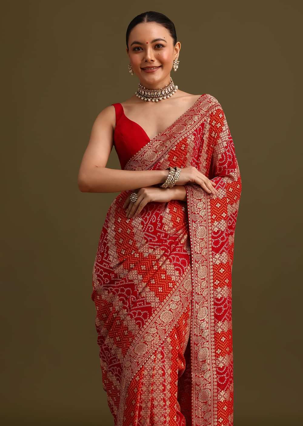 Red Khaddi Georgette Woven Saree With Gotta Patti Border
