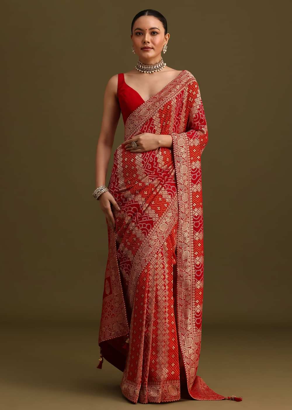 Red Khaddi Georgette Woven Saree With Gotta Patti Border