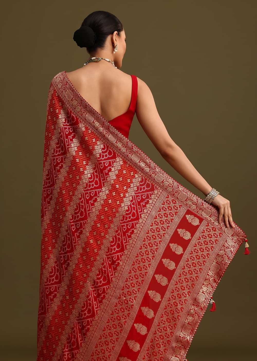 Red Khaddi Georgette Woven Saree With Gotta Patti Border