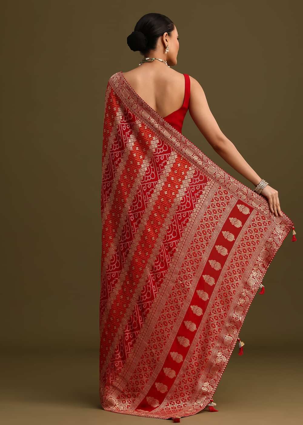 Red Khaddi Georgette Woven Saree With Gotta Patti Border