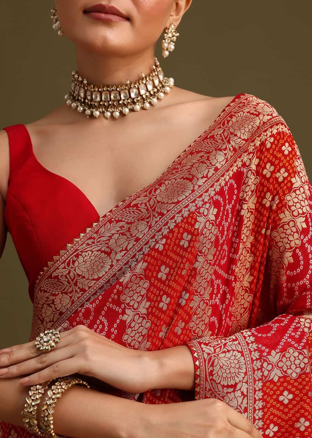 Red Khaddi Georgette Woven Saree With Gotta Patti Border