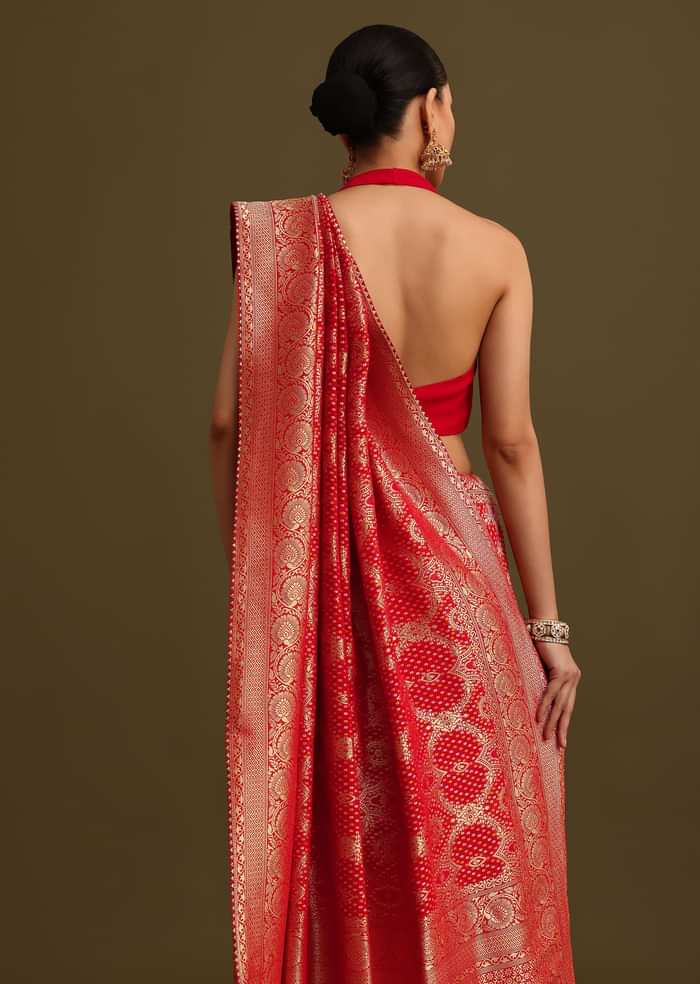 Red Khaddi Georgette Zari Weave Saree With Unstitched Blouse