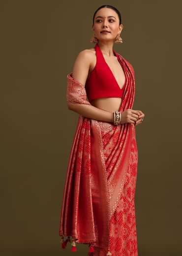 Red Khaddi Georgette Zari Weave Saree With Unstitched Blouse