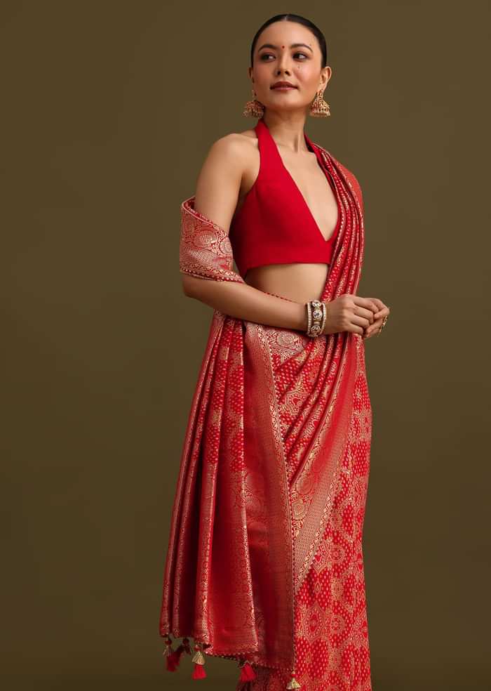Red Khaddi Georgette Zari Weave Saree With Unstitched Blouse