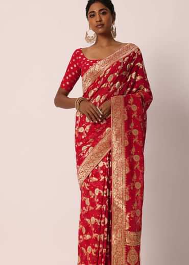 Red Khadi Gota Patti Banarasi Saree With Unstitched Blouse Piece