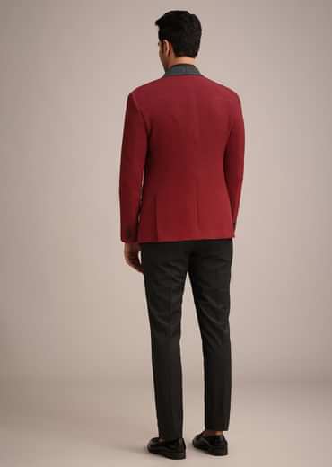 Red Knit Tuxedo Set With Pocket Square