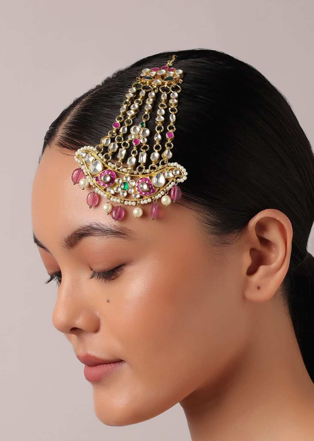 Red Kundan Pasa With Pink And White Bead Drops