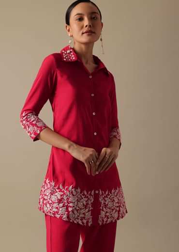 Red co ord set In Chanderi