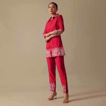Red co ord set In Chanderi
