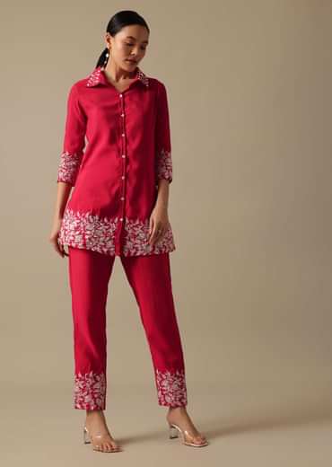 Red co ord set In Chanderi