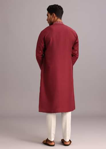 Red Kurta Pant Set In Silk With Mirror Work