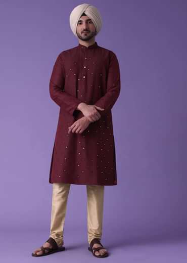 Red Kurta Set In Cotton Silk With Mirror Embroidery