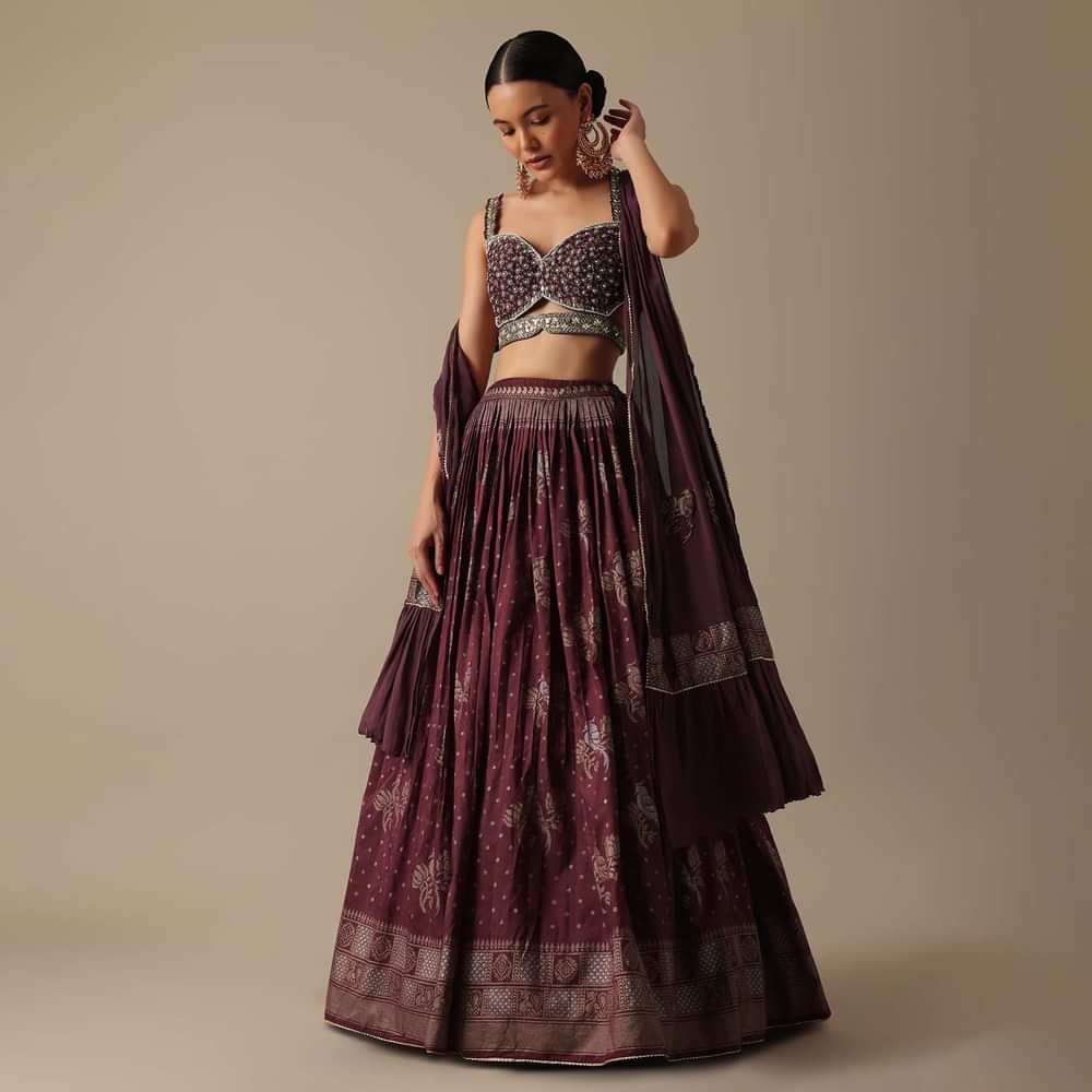 Wine Lehenga Set In Silk With Mirror Work
