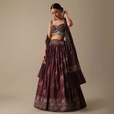 Wine Lehenga Set In Silk With Mirror Work