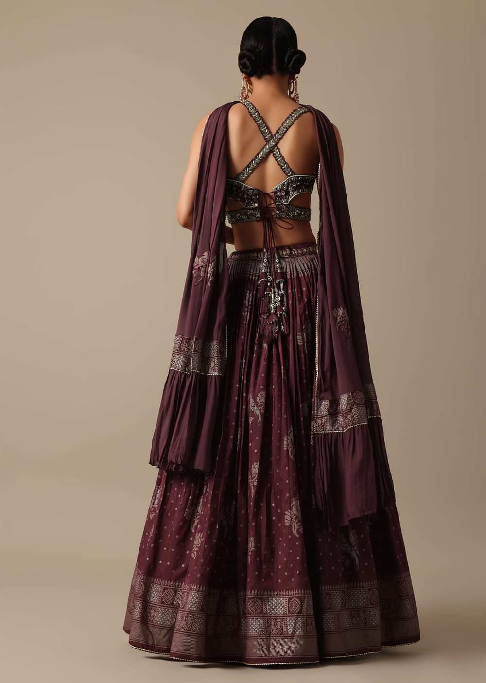 Wine Lehenga Set In Silk With Mirror Work