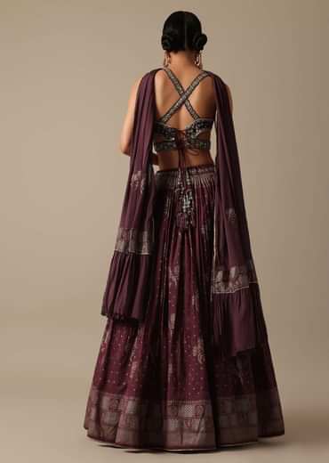 Wine Lehenga Set In Silk With Mirror Work
