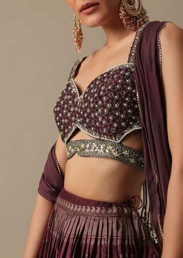 Wine Lehenga Set In Silk With Mirror Work