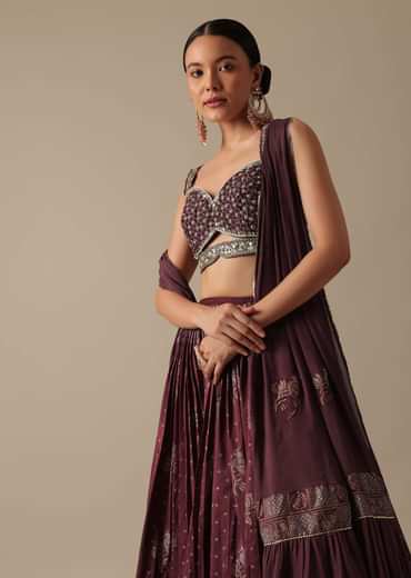 Wine Lehenga Set In Silk With Mirror Work